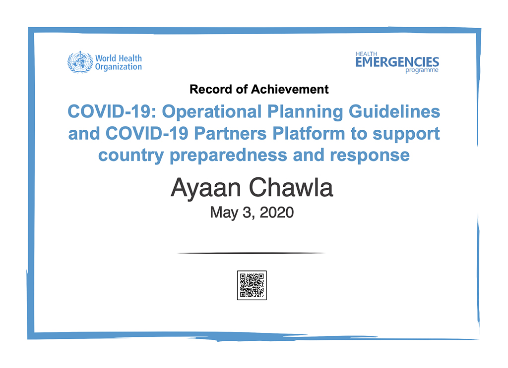 Ayaan Chawla-WHO-COVID19-preparedness-and-response-EN_Record-Of-Achievement